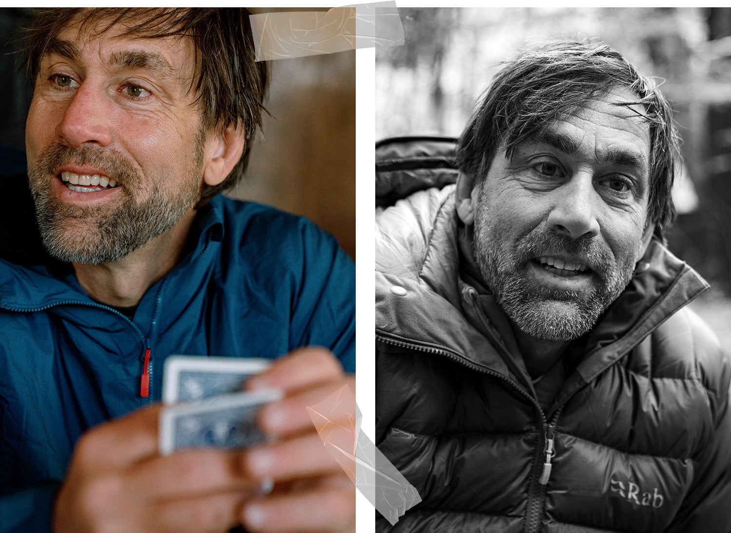 Left: Erik plays cards indoors while speaking with someone to his right. Right: Black and white portrait photo of Erik wearing a Rab down jacket, with a blurred background.