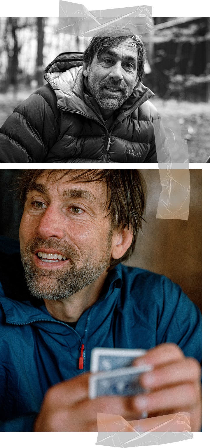 Left: Erik plays cards indoors while speaking with someone to his right. Right: Black and white portrait photo of Erik wearing a Rab down jacket, with a blurred background.