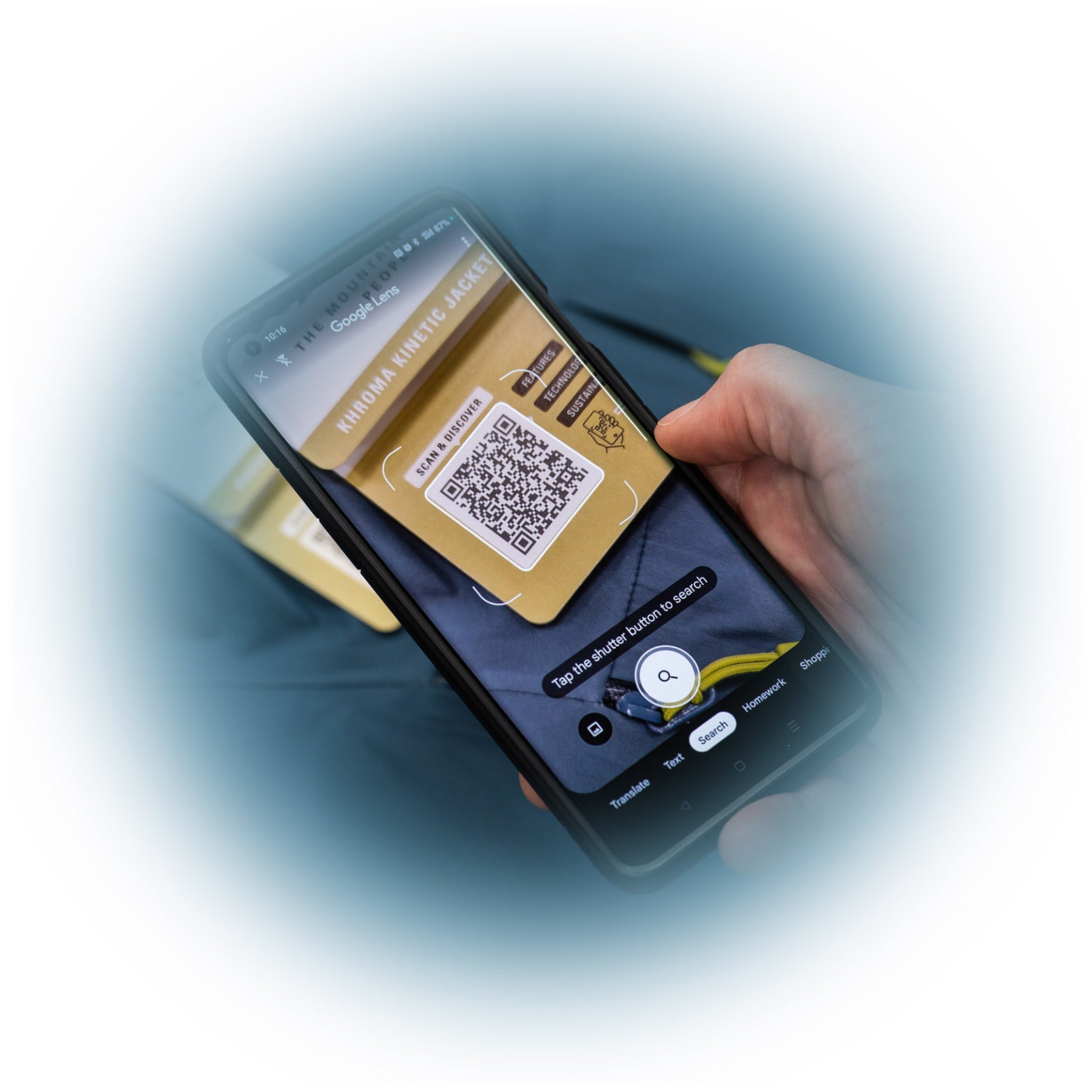 A smartphone scanning a QR code on a product hangtag, the image is contained in a circle