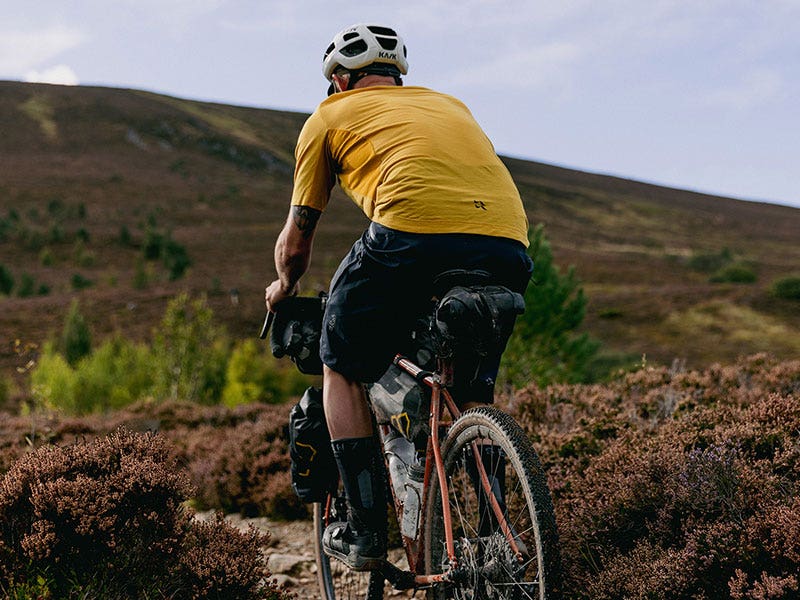 Cyclist riding through heather