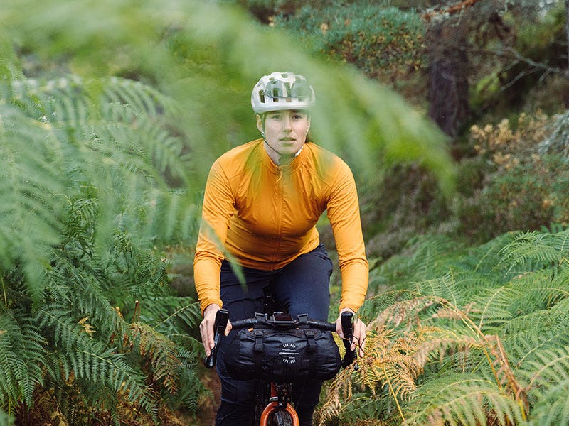 Cyclist rides towards camera though tall ferns