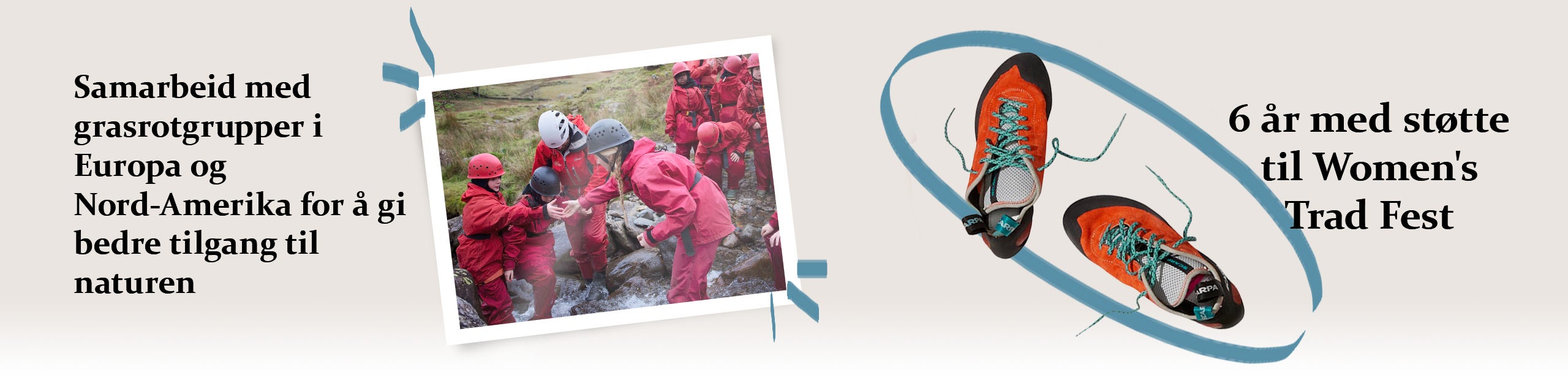 An image showing a polaroid-style image of outdoor trip, and climbing shoes with the text "6 years supporting Women's Trad Fest"