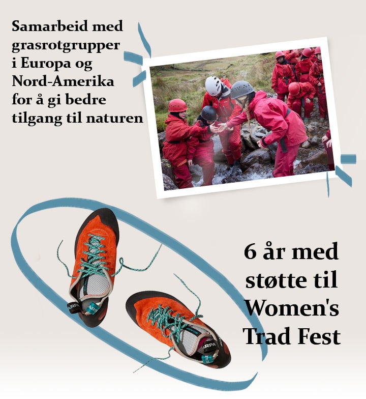 An image showing a polaroid-style image of outdoor trip, and climbing shoes with the text "6 years supporting Women's Trad Fest"