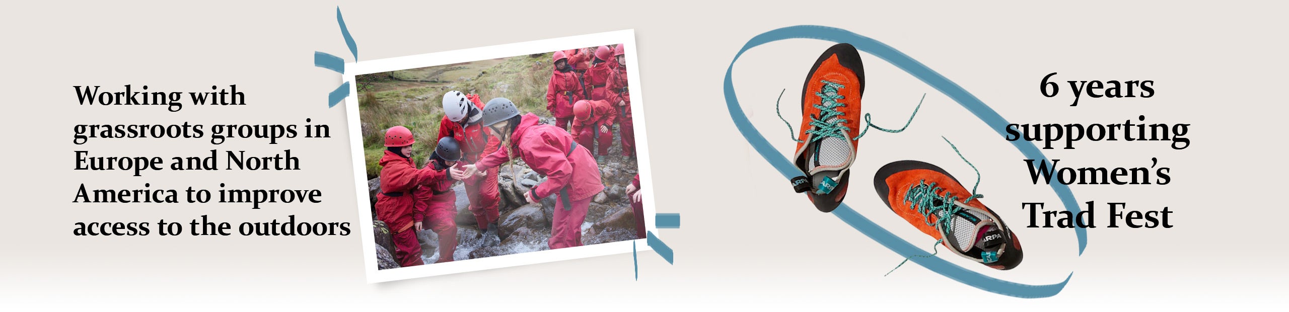 An image showing a polaroid-style image of outdoor trip, and climbing shoes with the text "6 years supporting Women's Trad Fest" An image showing a polaroid-style image of outdoor trip, and climbing shoes with the text "6 years supporting Women's Trad Fest"