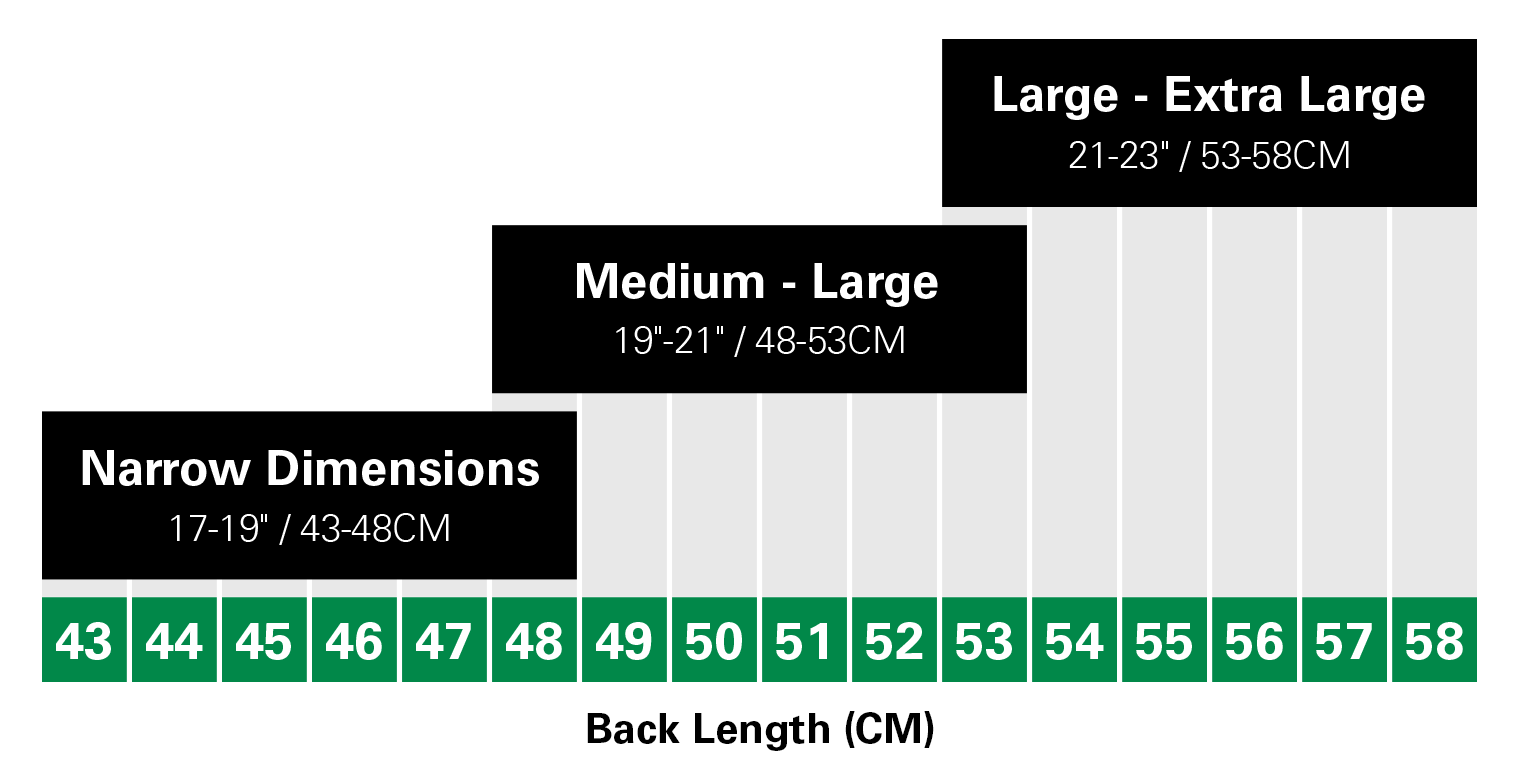 Diagram showing the 3 back length fit sizes